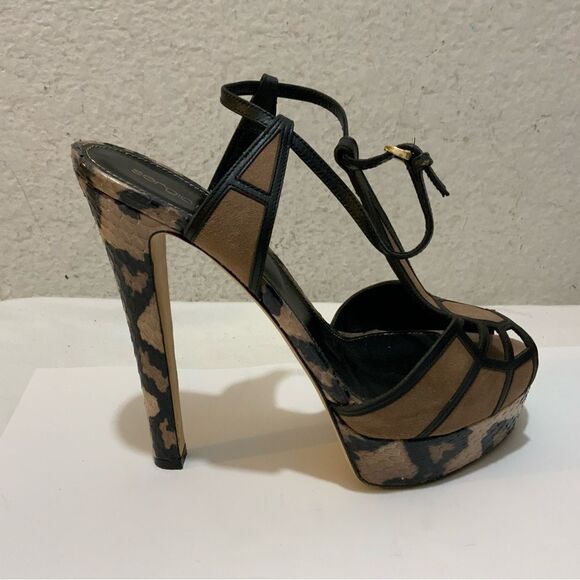 SERGIO ROSSI Black Animal Print T-Strap Leather Sandals Size 39 Excellent - Picture 1 of 11